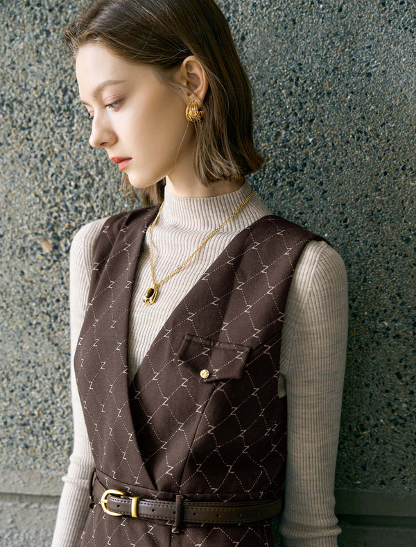 Brown Plaid V-Neck Belted Sleeveless Midi Dress