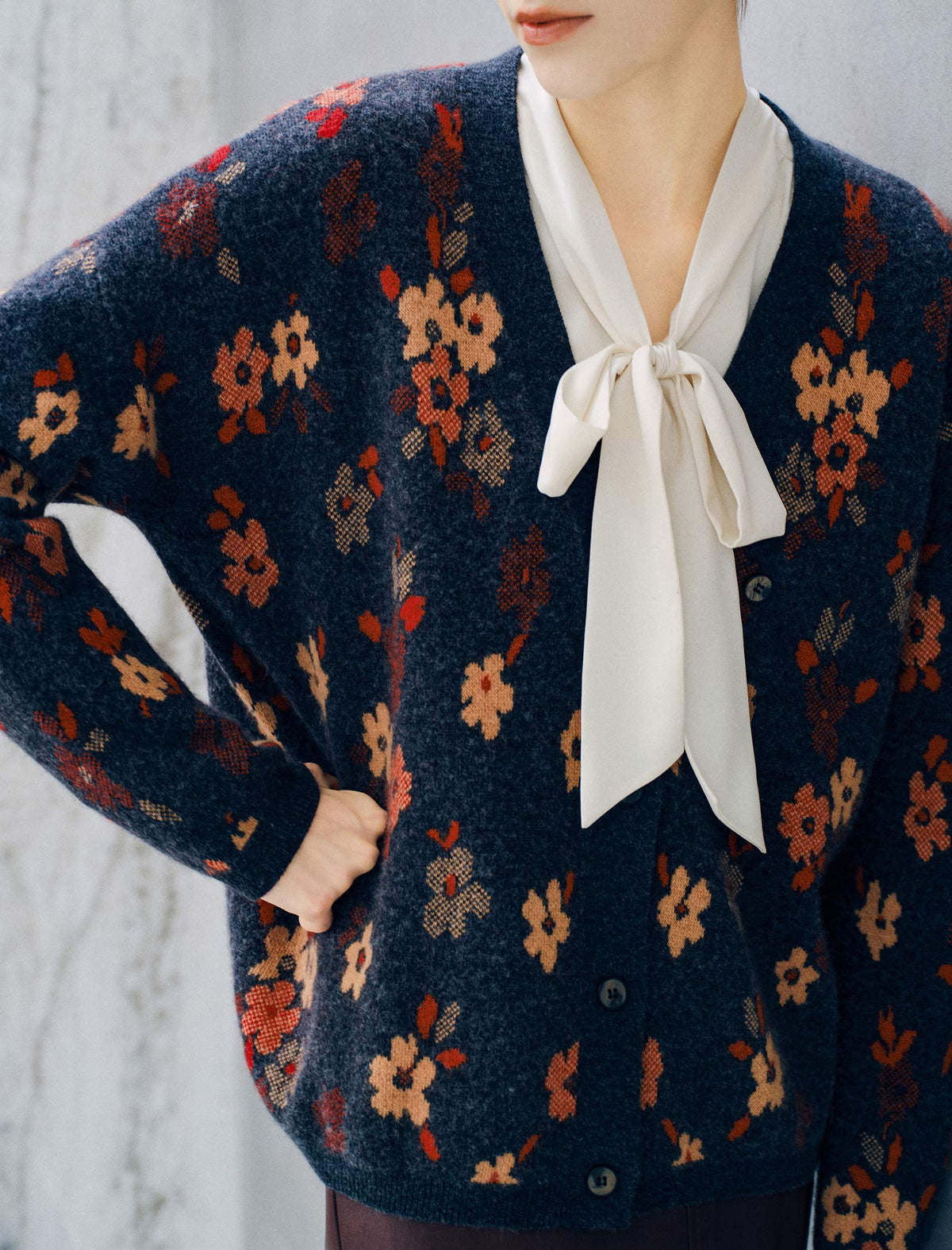 Floral V-Neck Button Front Knit Cardigan