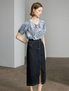 Leaf Print Tie Neck Puff Sleeve Top