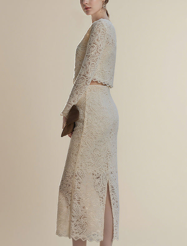 Cream Lace Cropped Long Sleeve Top