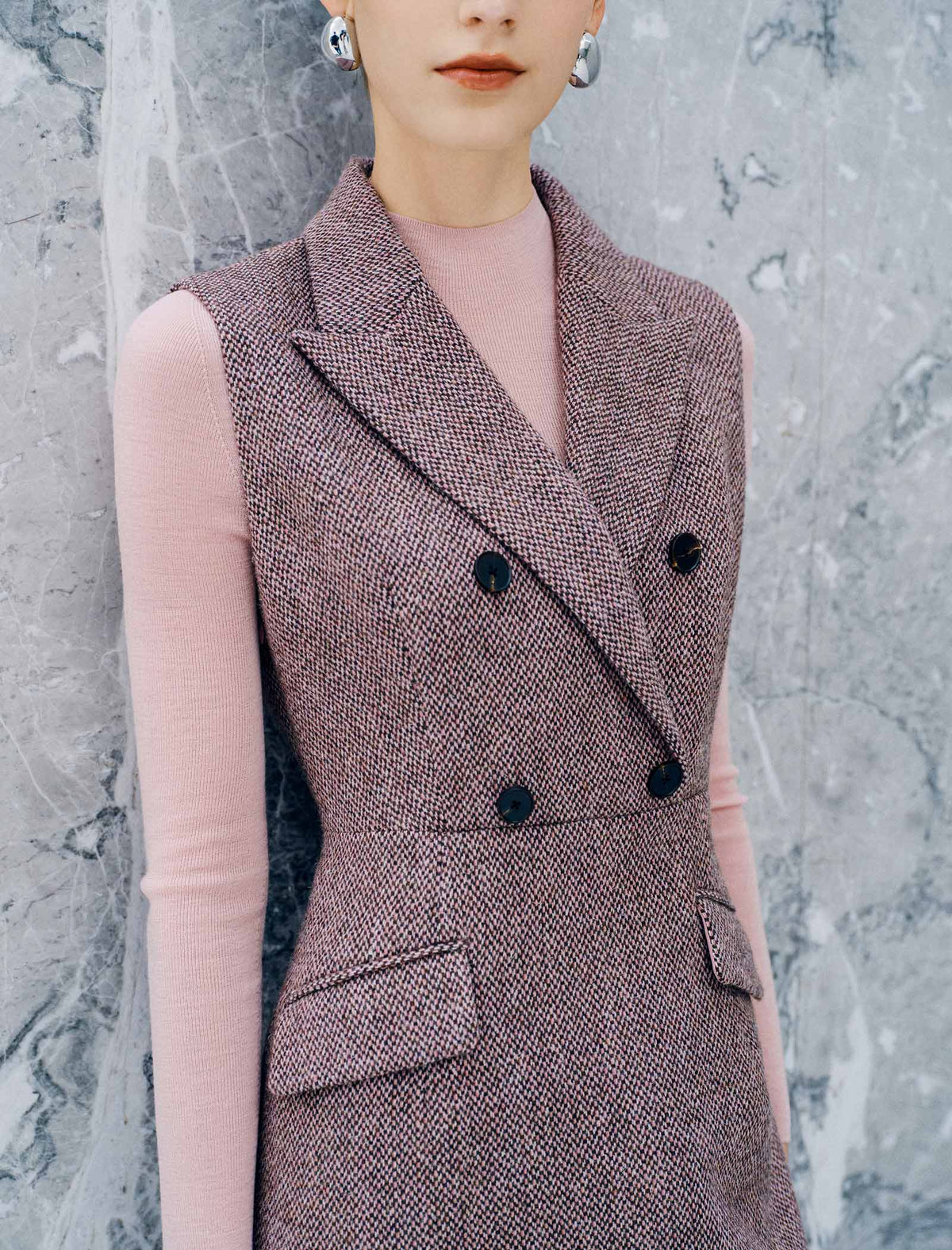 Wool Blend Double Breasted Sleeveless Vest Midi Dress