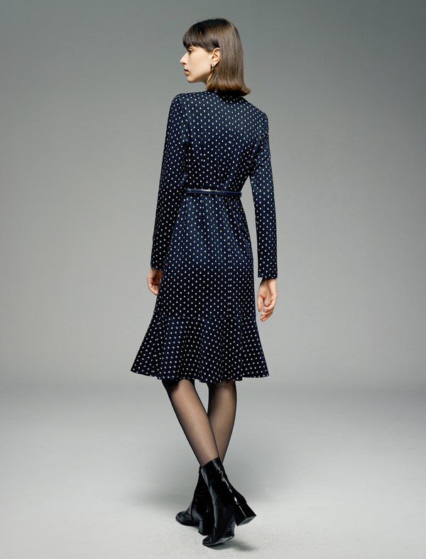 Polka Dot Round Neck Mermaid Long-Sleeve Midi Dress
