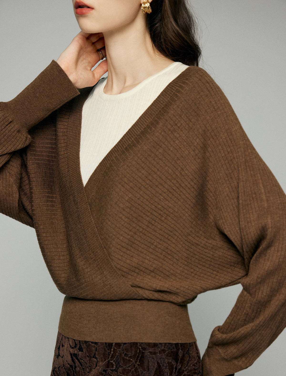 Layered Wrap Front Long Sleeve Sweater