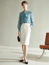 Teal Geometric Tie-Neck Blouse