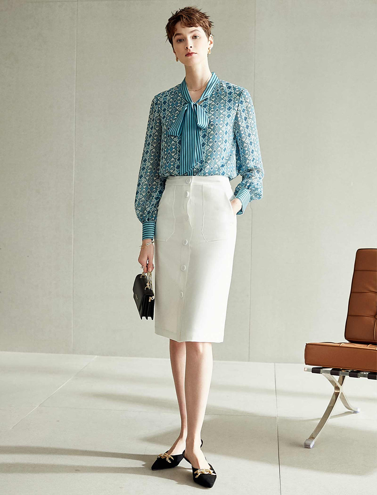 Teal Geometric Tie-Neck Blouse
