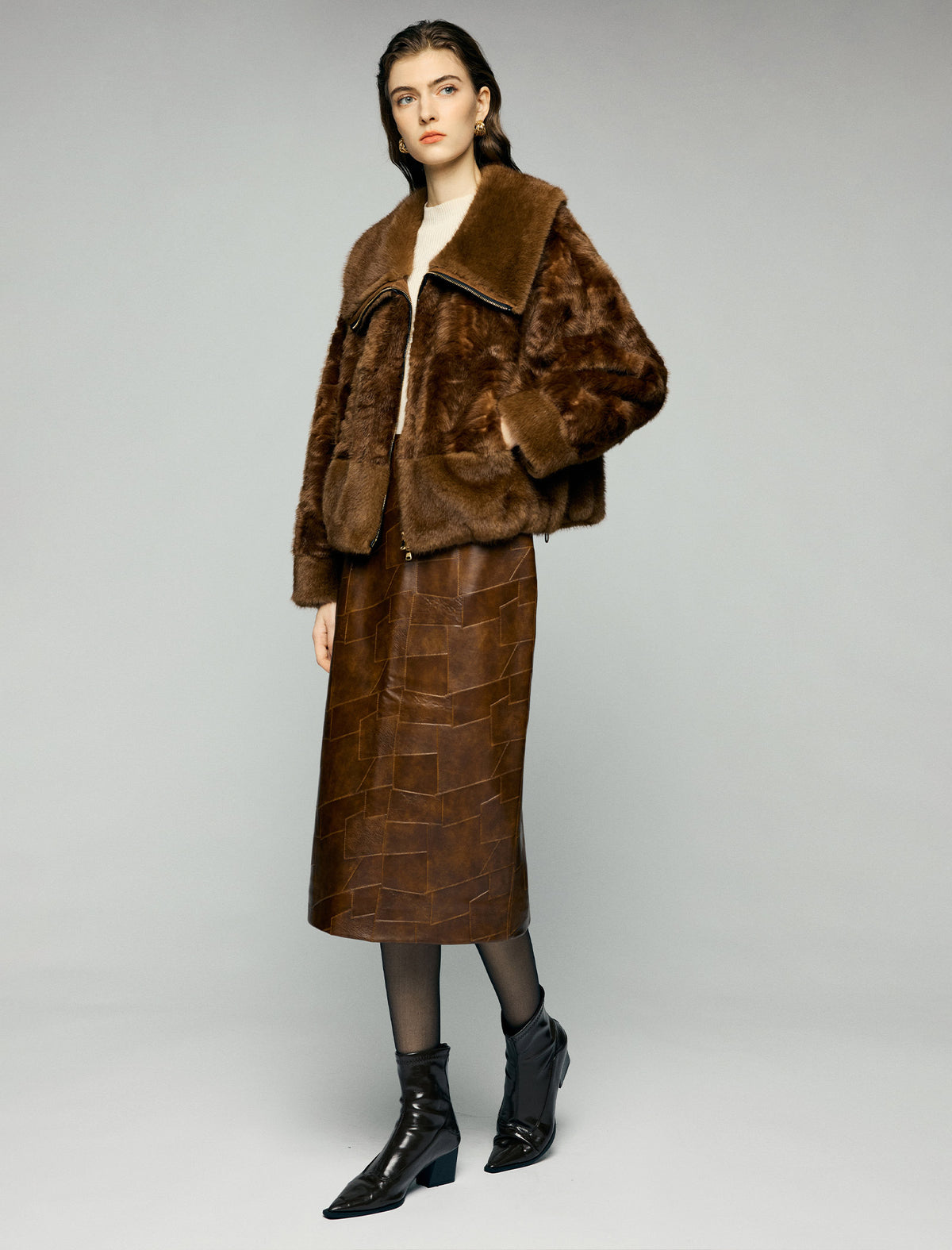 Plush Wide-Lapel Zip-Front Pocket Cropped Jacket
