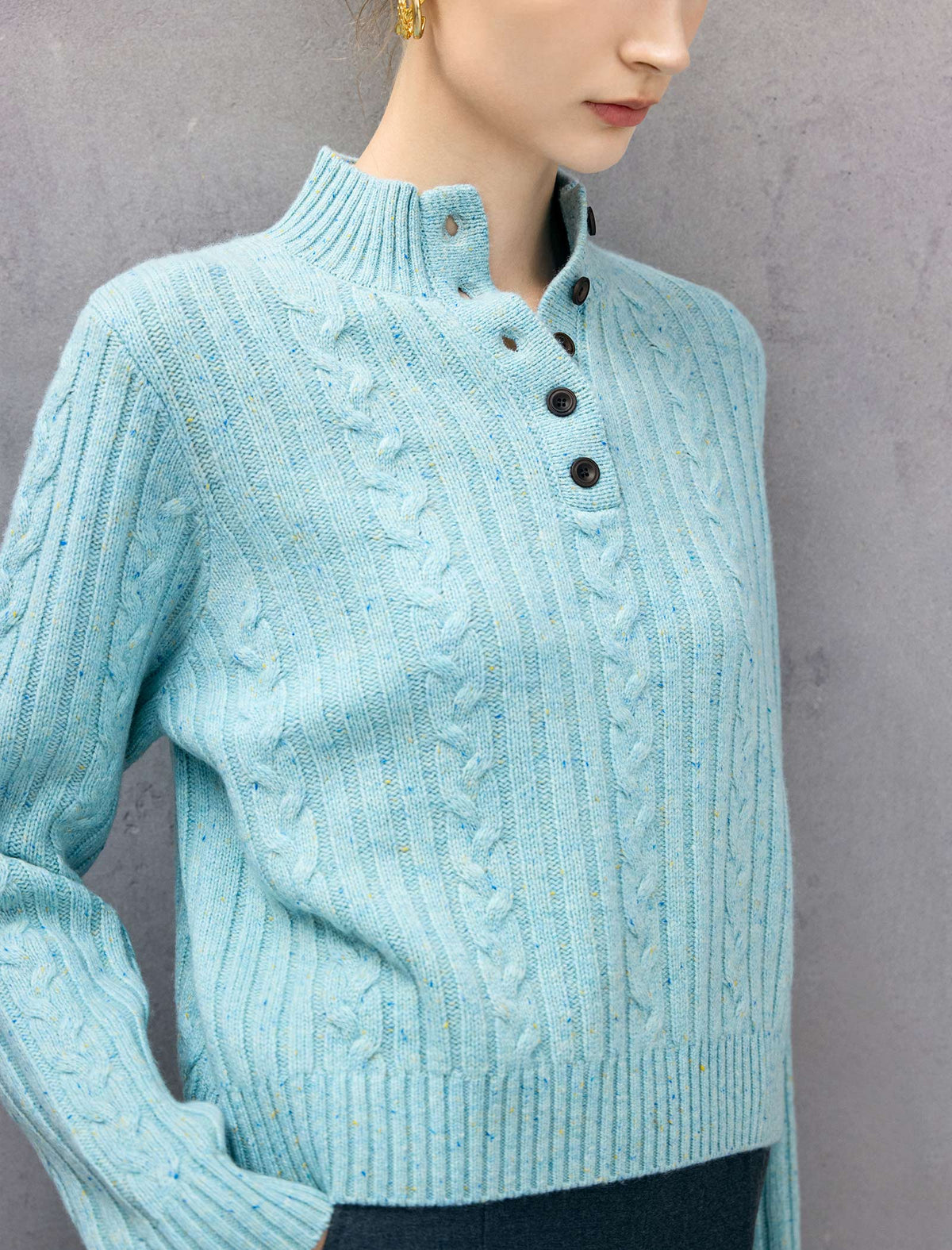 Wool Blend Cable-Knit Mock-Neck Button-Placket Sweater