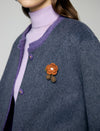 Wool Blend Contrast-Trim Crewneck Cropped Jacket with Brooch