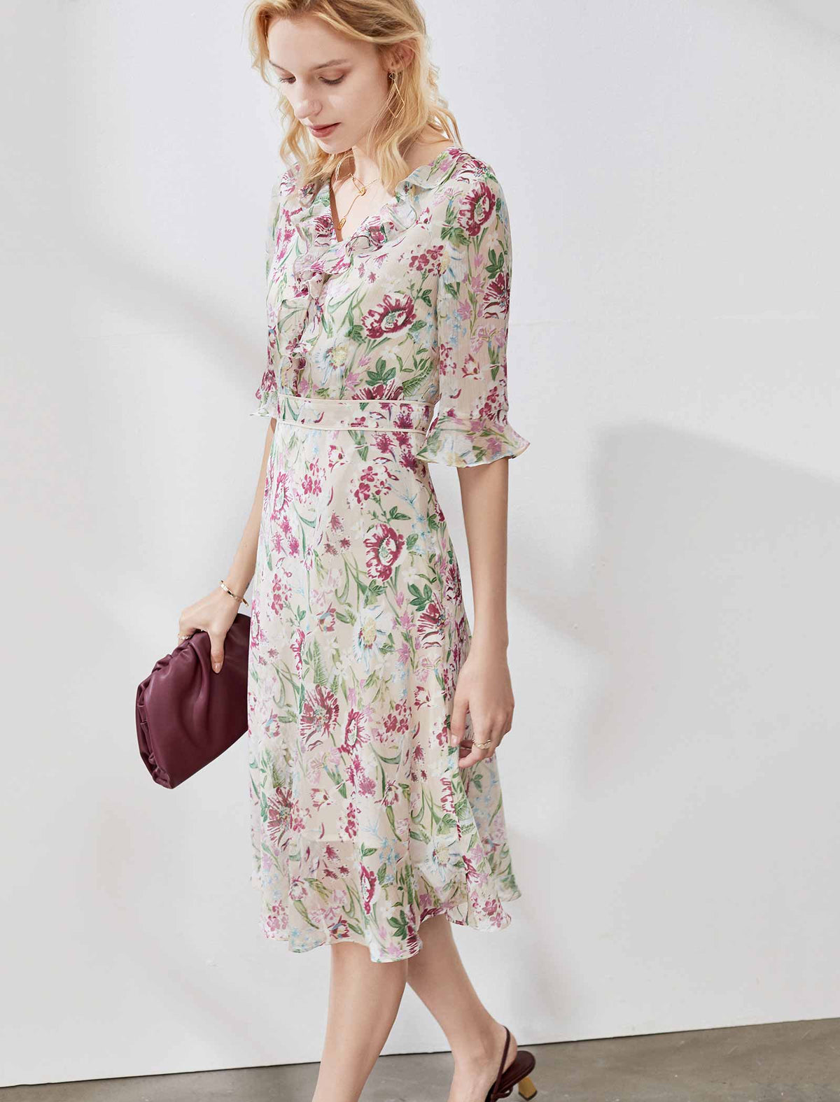 Chiffon Floral Waist-Cinched Ruffle Dress