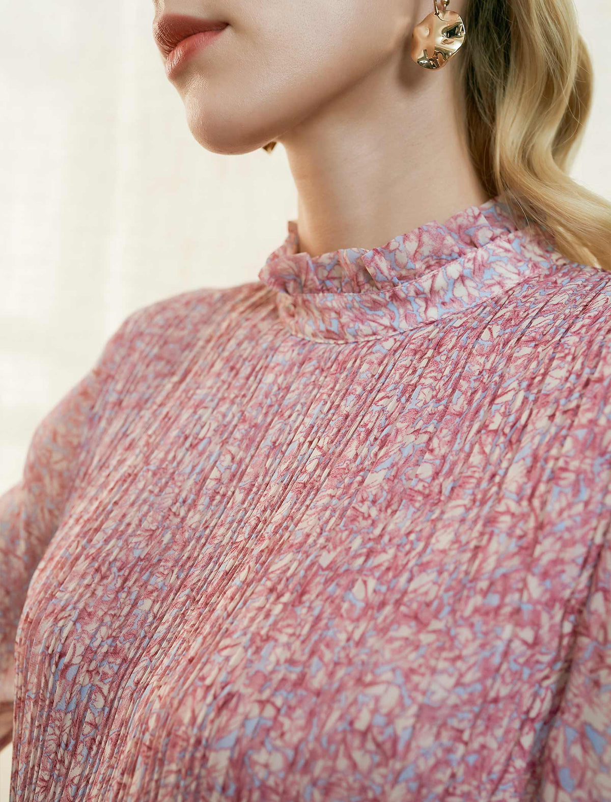 Blush Pink Textured Ruffled Neck Midi Dress