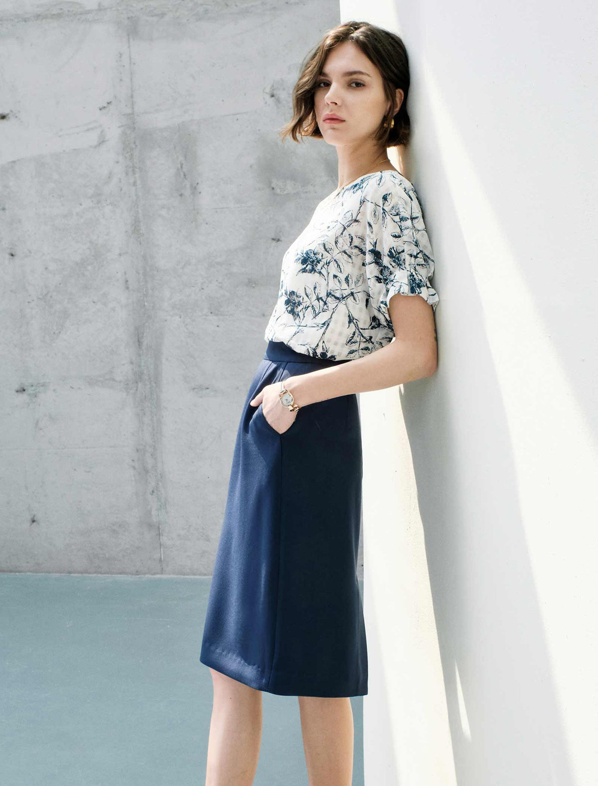 Crew Neck Printed Short Sleeve Chiffon Top