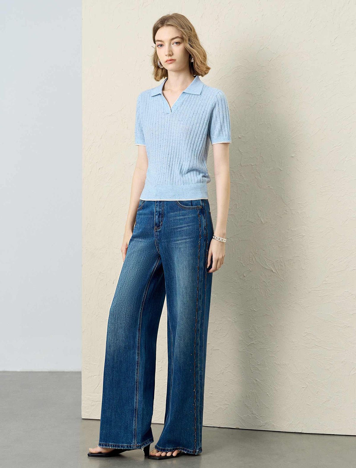 Ribbed Polo‑Collared Knit Short‑Sleeve Top