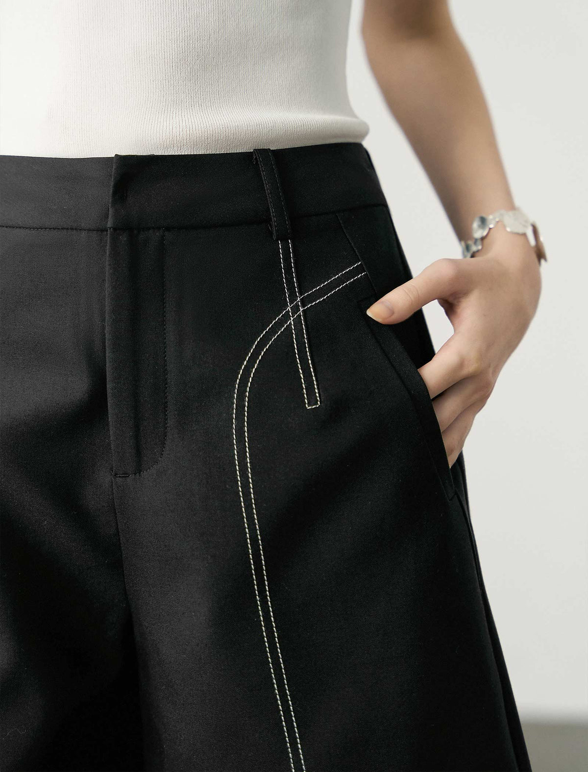 High-Waisted Black Contrast Stitch Bermuda Shorts