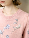 Pink Flora-Embroidered Short-Sleeve Knit Blouse