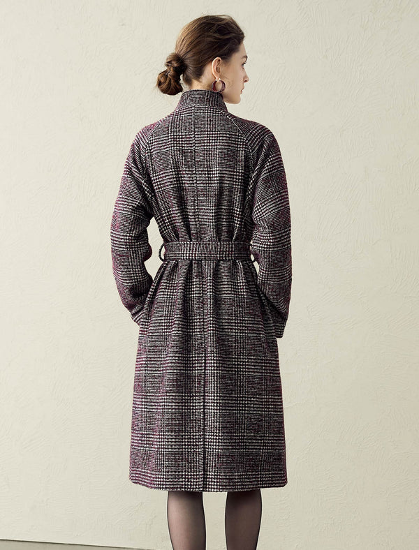 Classic Plaid Wool-Blend Stand Collar Coat