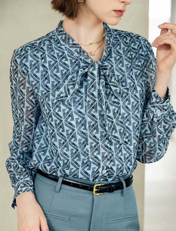 Geometric Print Bow Tie Blouse