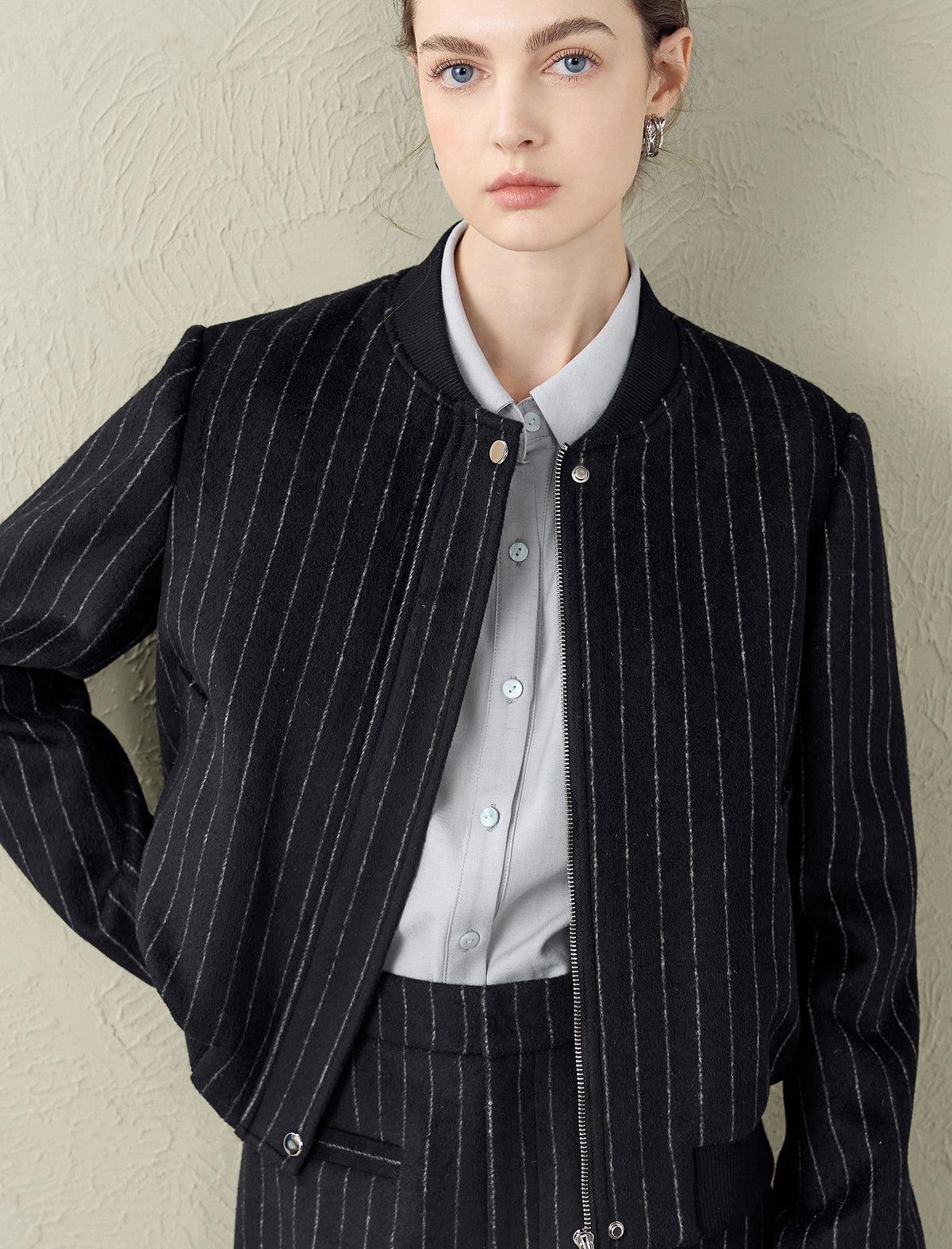 Wool-Blend Black Pinstripe Bomber Jacket