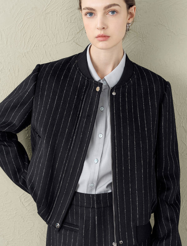 Wool-Blend Black Pinstripe Bomber Jacket