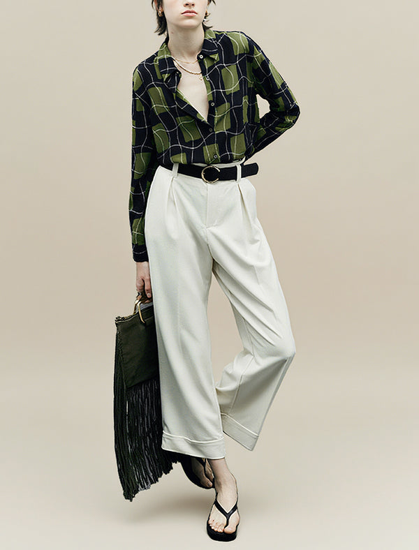 100% Mulberry Silk Green Grid Print Button-Down Shirt