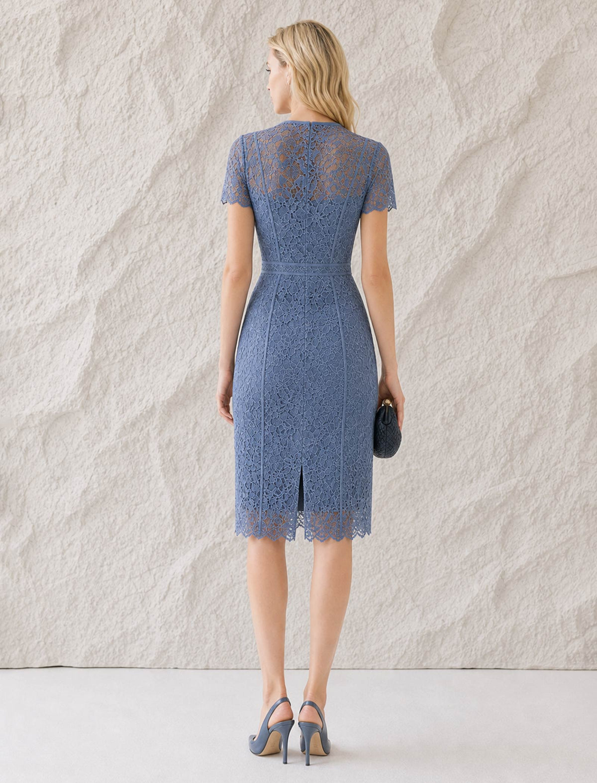 Dusty Blue Floral Lace Sheath Midi Dress