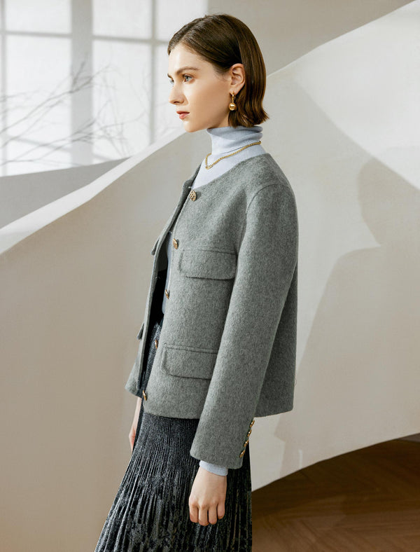 Wool Decorative Pockets Cropped Coats