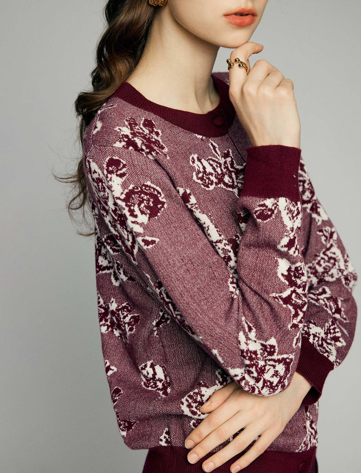 Wool Blend Floral Jacquard Crewneck Button-Front Cardigan