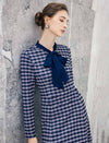 Geometric Plaid Bow Tie Long Sleeve A-Line Dress