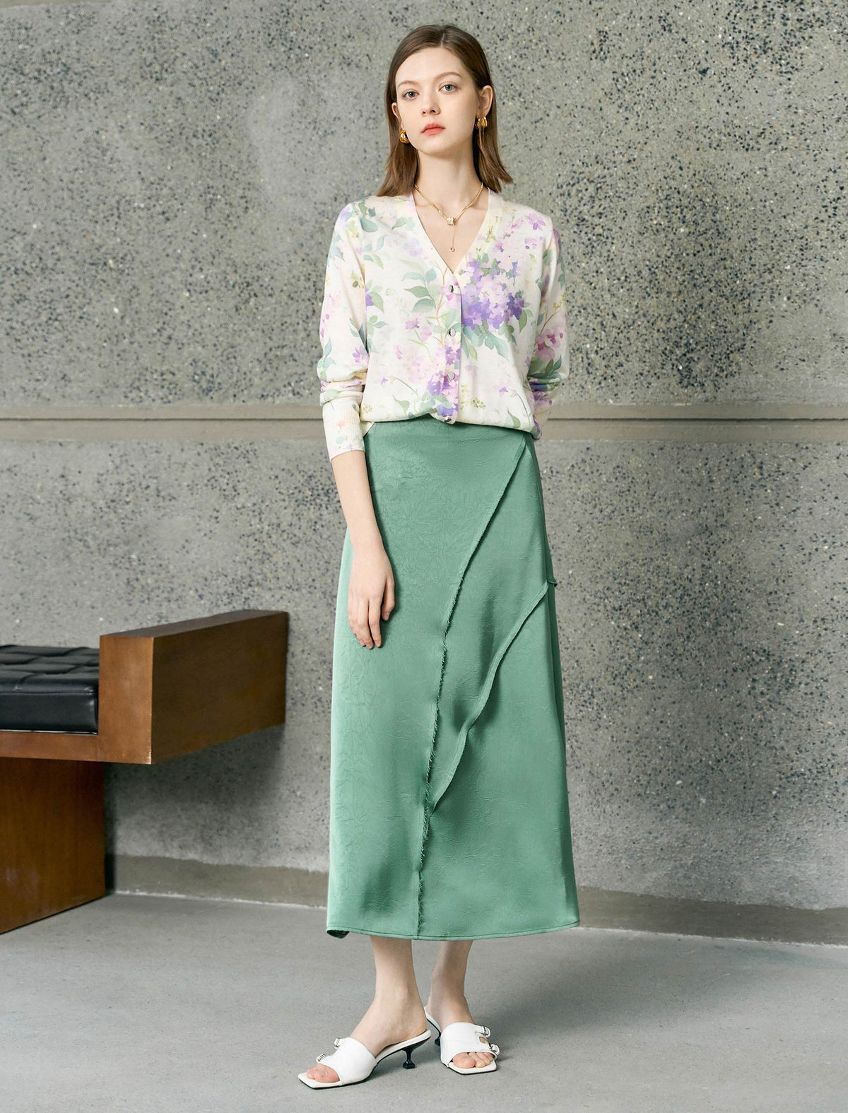 Sage Green Embossed Satin Wrap Midi Skirt