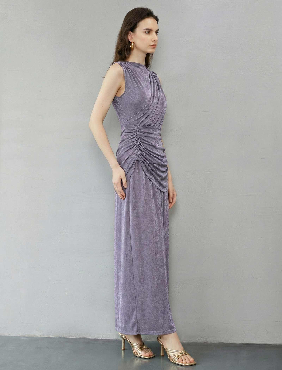 Classic Pleated Ruched Sleeveless Maxi Dress