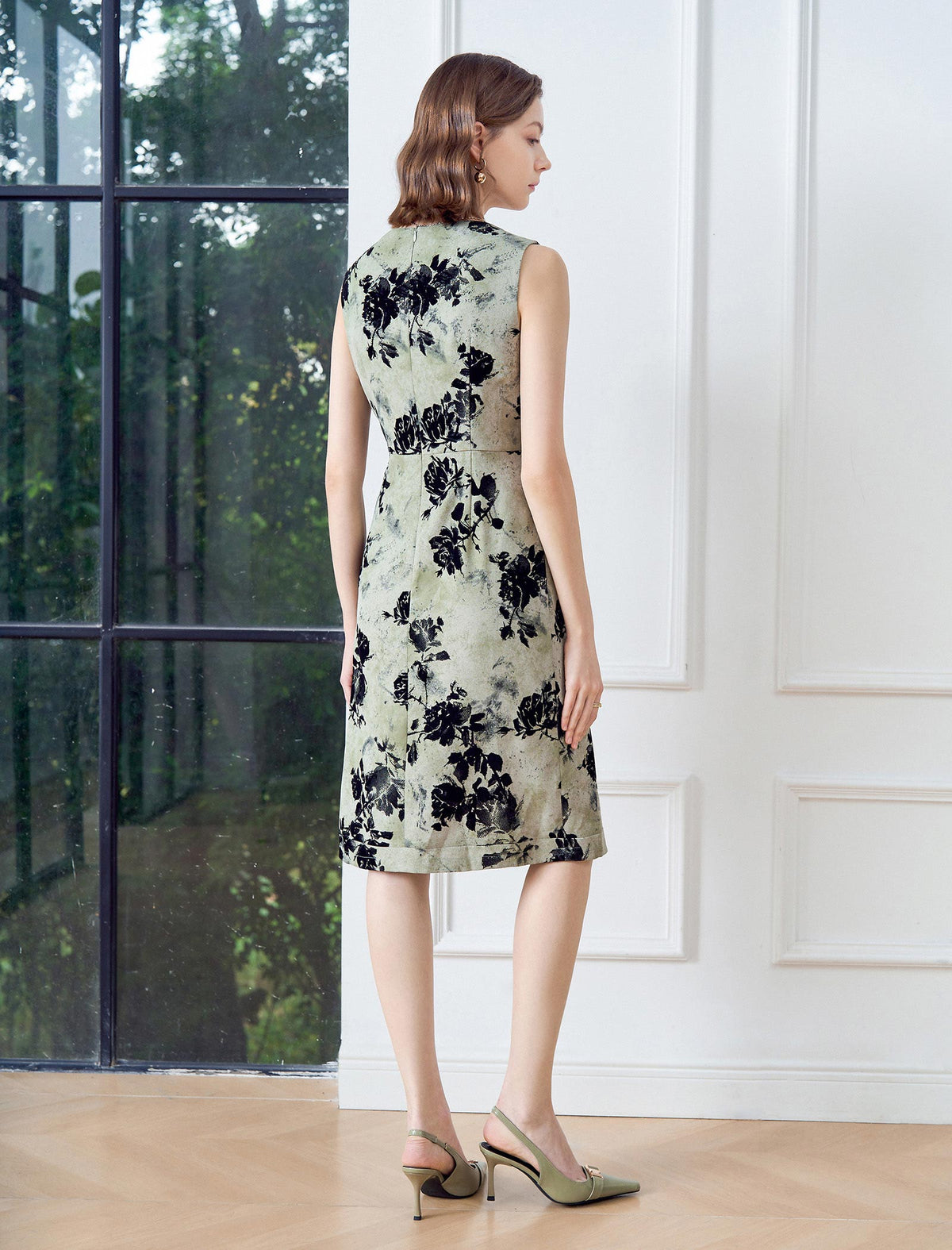 Sage Floral Ink Print Sleeveless Sheath Dress