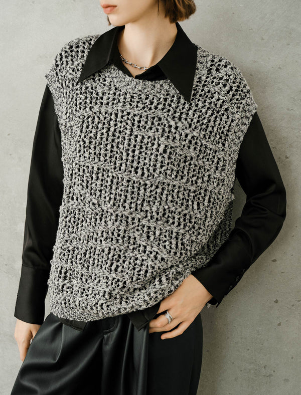 Gray Hollow-Out Round Neck Vintage Old-Money Loose Sweater