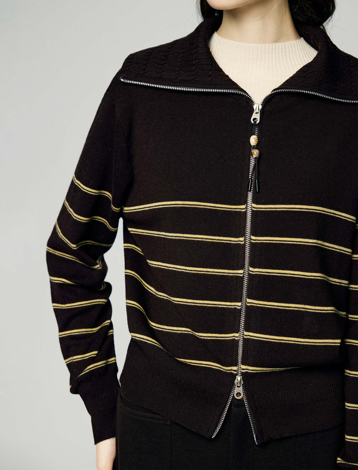 Wool Blend Striped Collared Double-Zip Cardigan