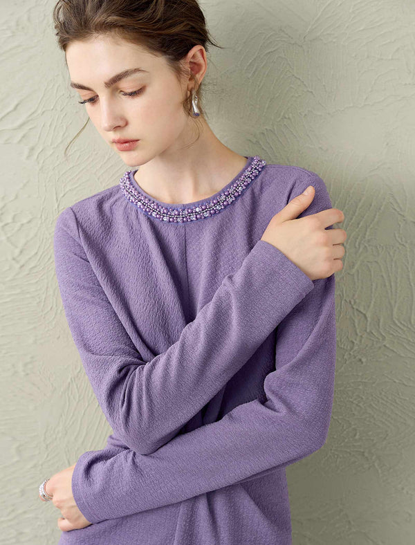 Lavender Beaded Neckline Twist Detail Midi Dress