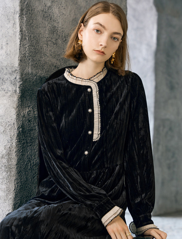 Black Velvet Contrast Trim Midi Dress