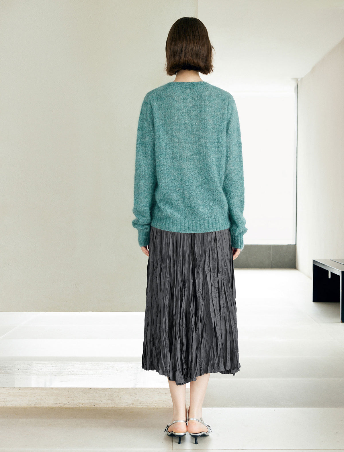 Crinkled Pleated Elastic Waist Midi Skirt