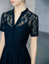 Navy Stand Collar Button Front Lace Midi Dress