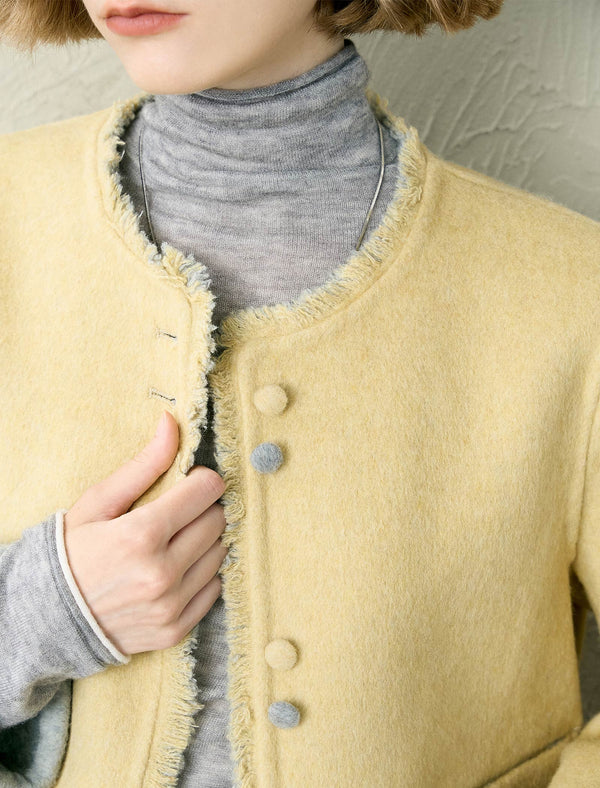 Collarless Wool Blend Tweed Fringe Jacket