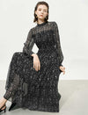 Black Speckled Print Ruffle Neck Long Sleeve Tiered Midi Dress
