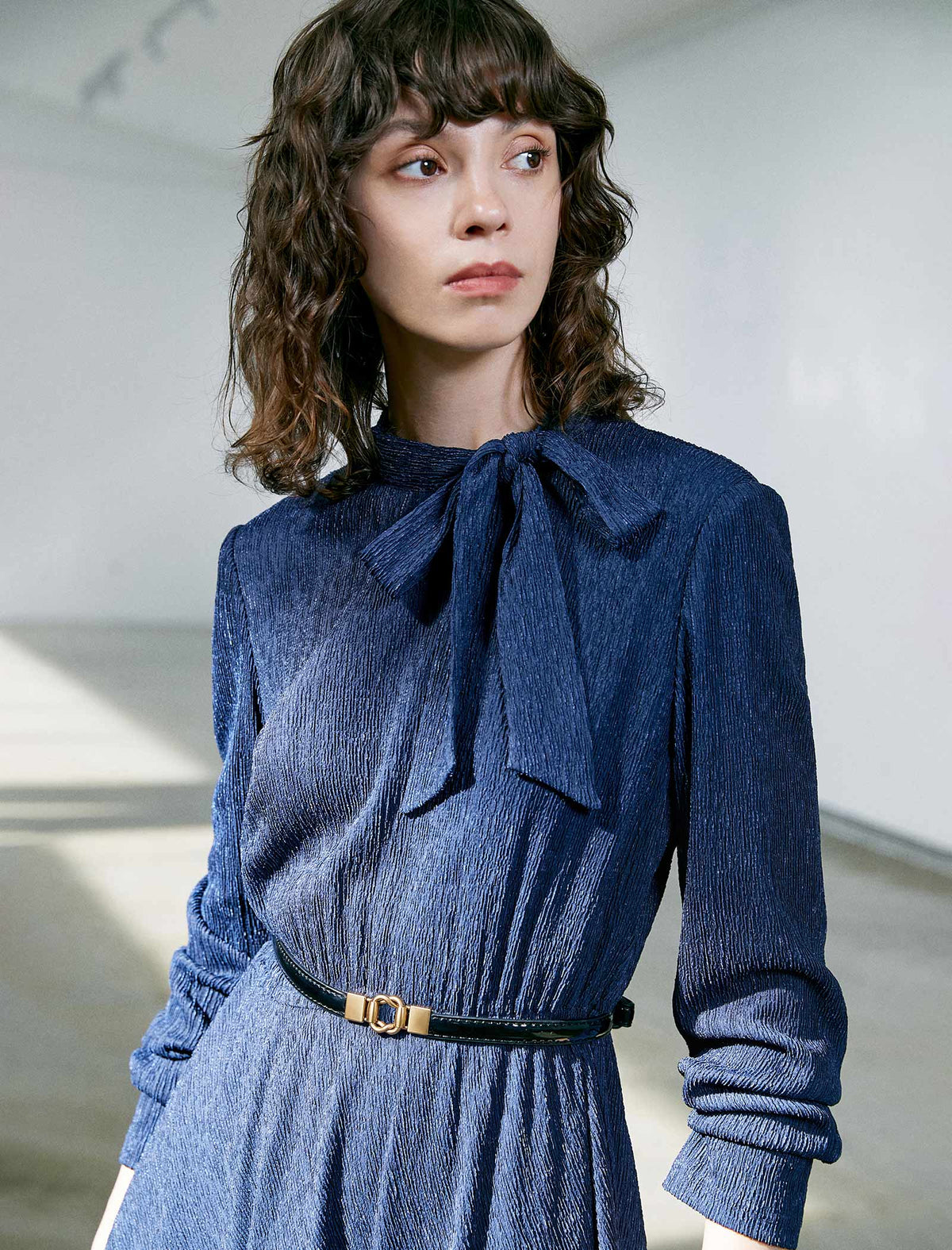 Solid Long Sleeve Belted Straight-Fit Dress