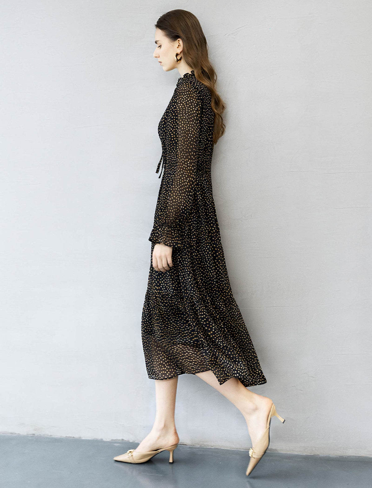 Black And Gold Dot Tiered Midi Dress
