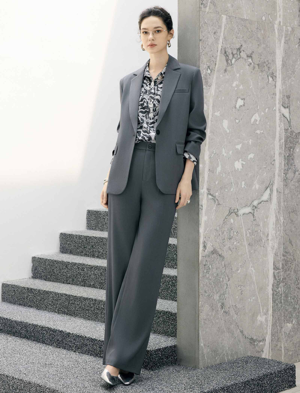 Abstract Floral Print Belted Long Sleeve Blouse