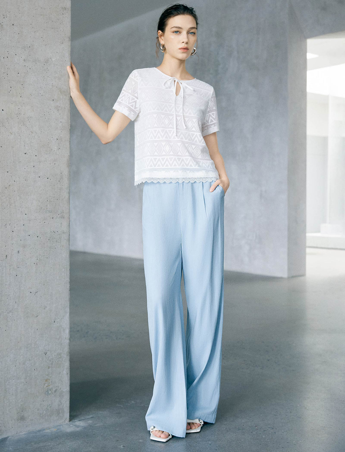 Geometric Lace Knit Tie-Neck Short Sleeve Top