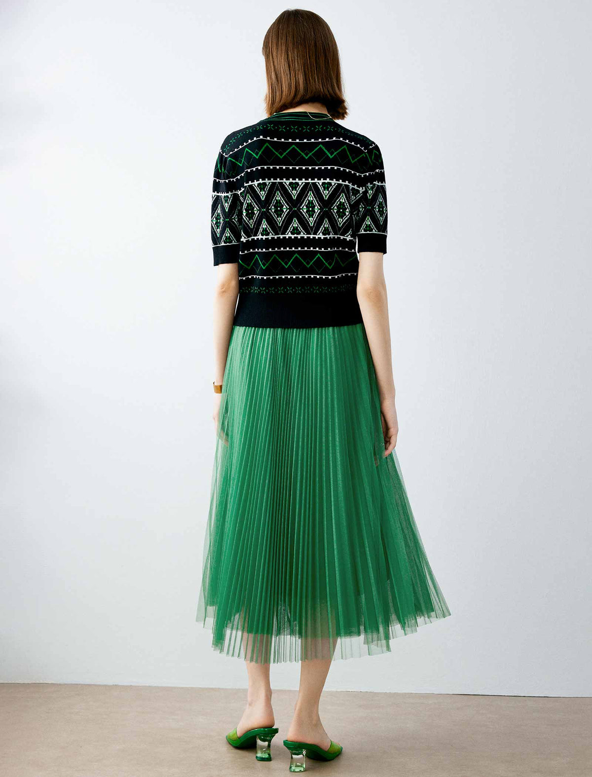 Green Pleated Mesh A-Line Midi Skirt