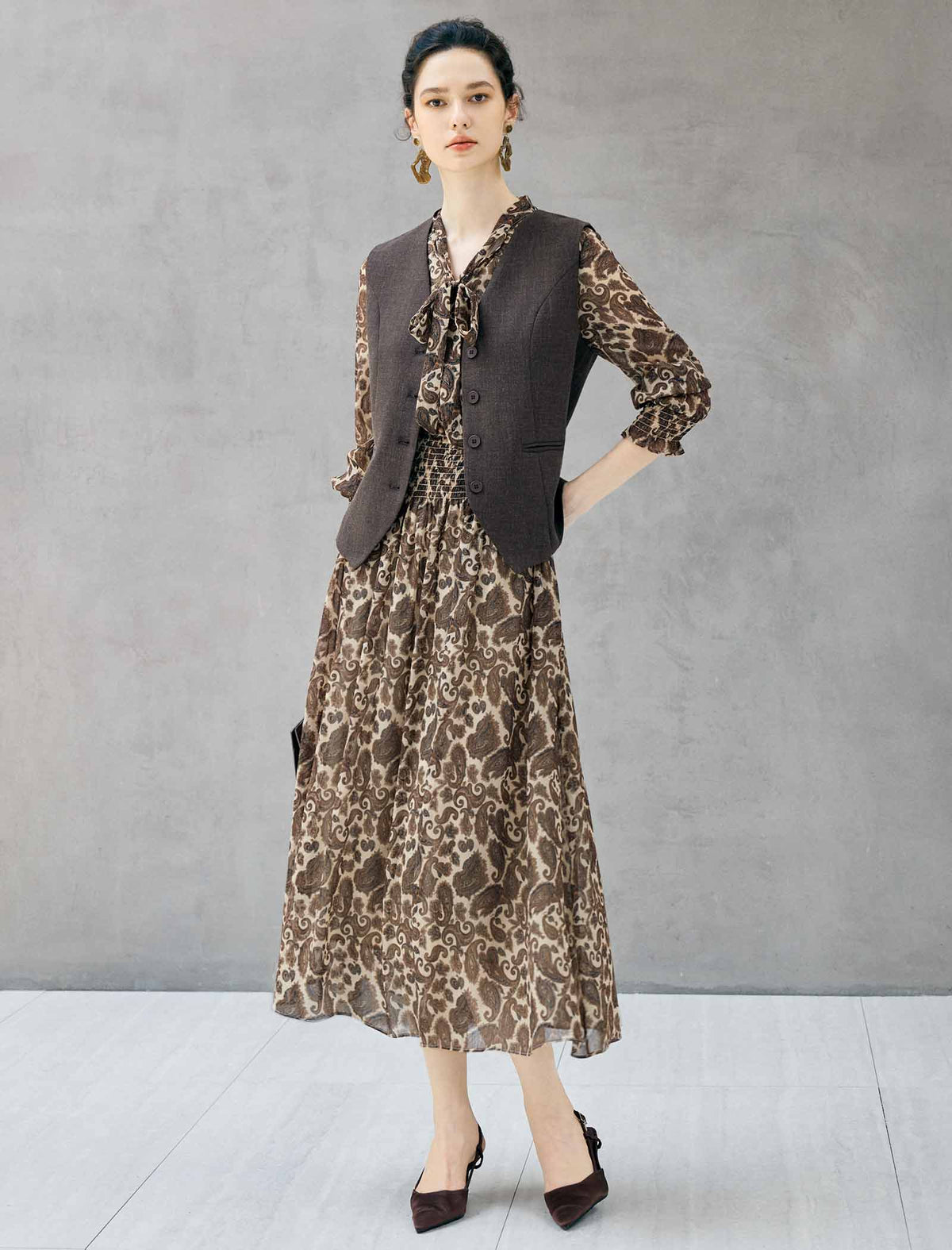 Paisley Print Tie Neck Smocked Waist Midi Dress