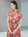 Rust Red Tie-Dye Floral Print Button-Down Midi Shirt Dress