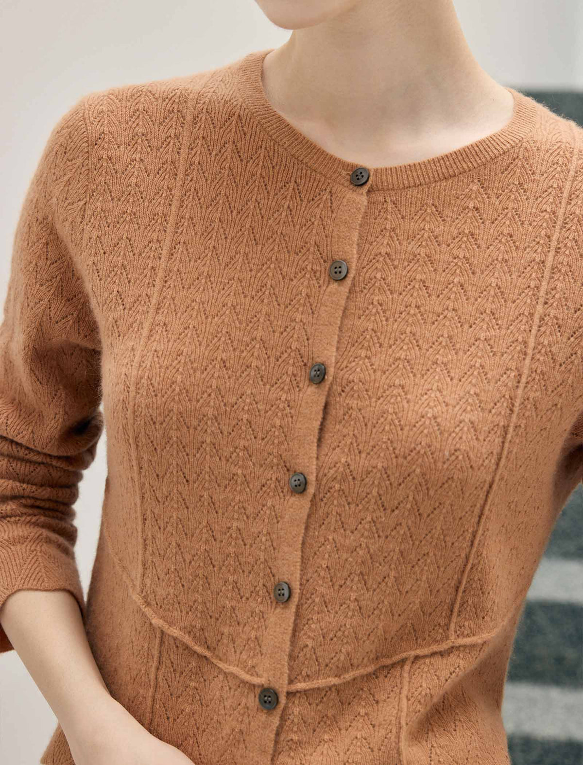 100% Wool Round Neck Button Long Sleeve Cardigan