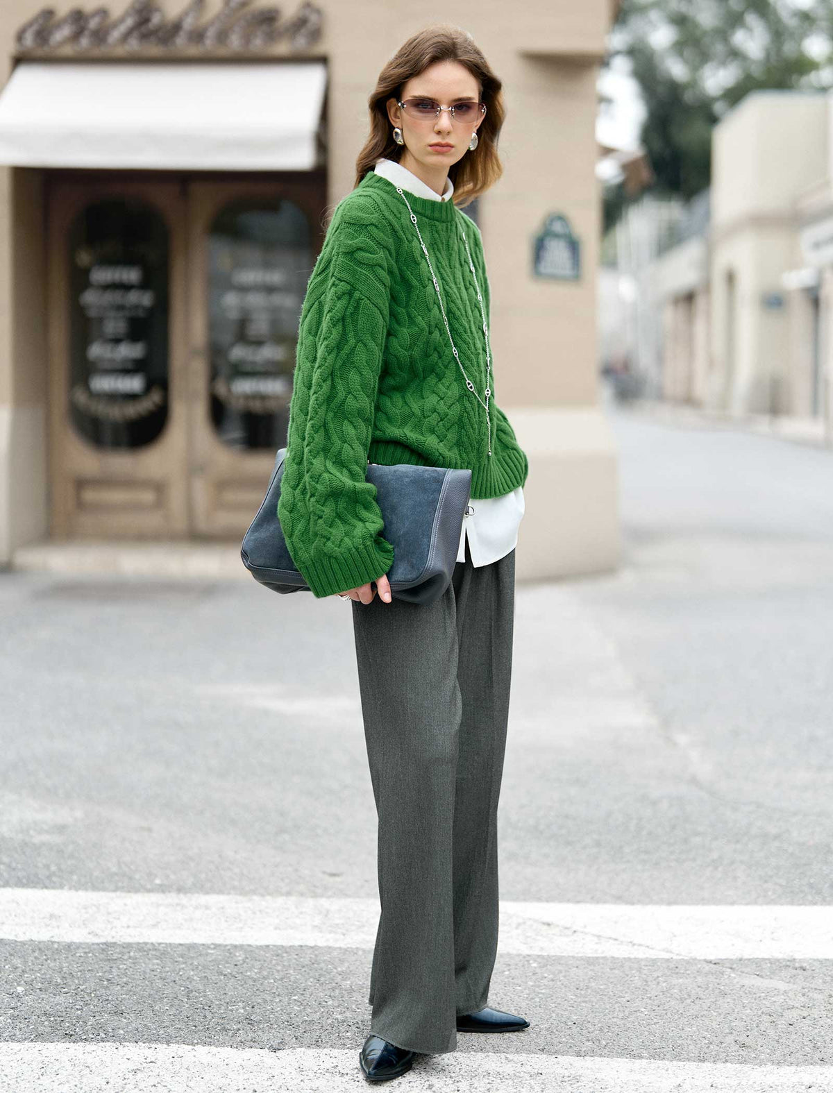 Emerald Wool Cable-Knit Oversized Sweater