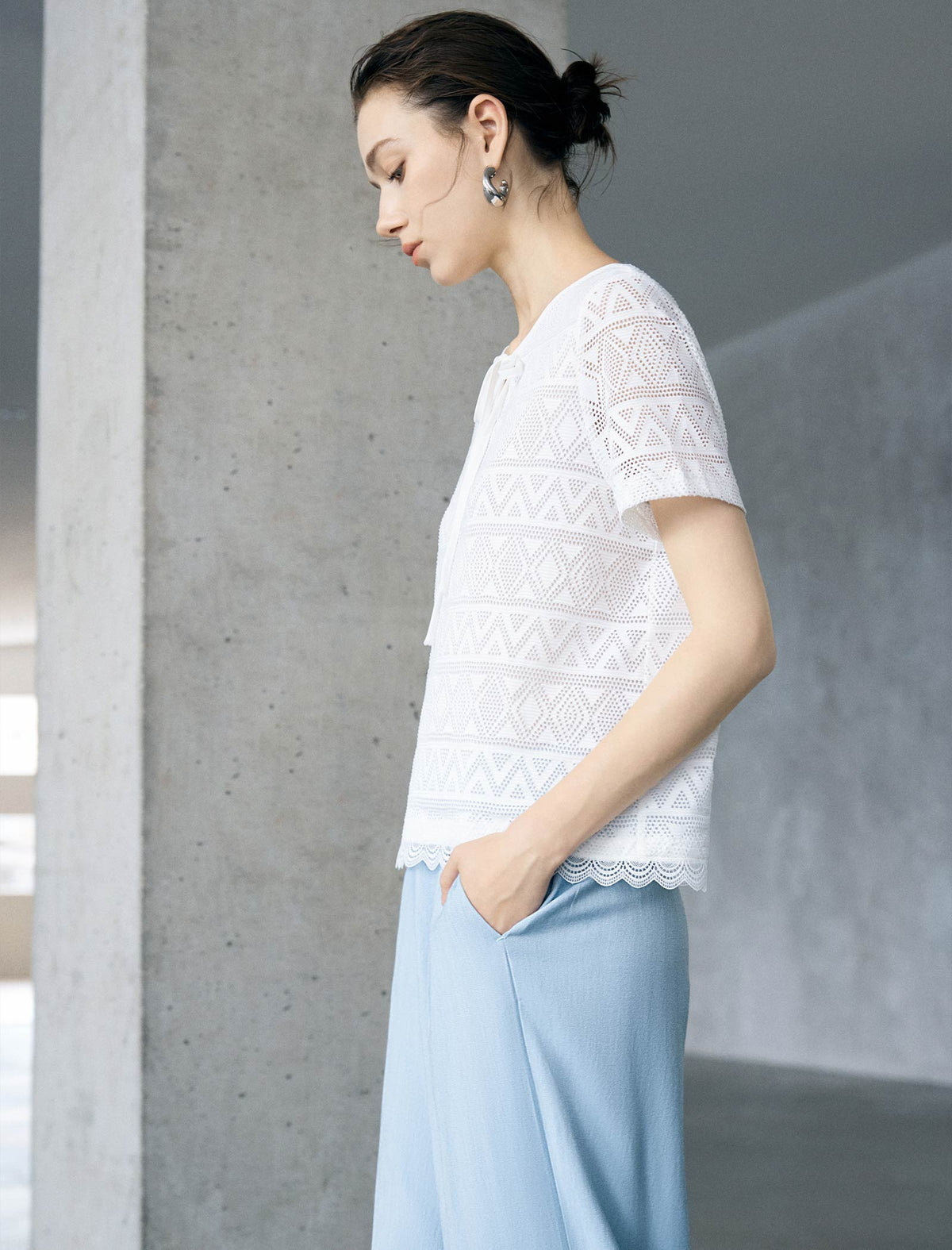 Geometric Lace Knit Tie-Neck Short Sleeve Top