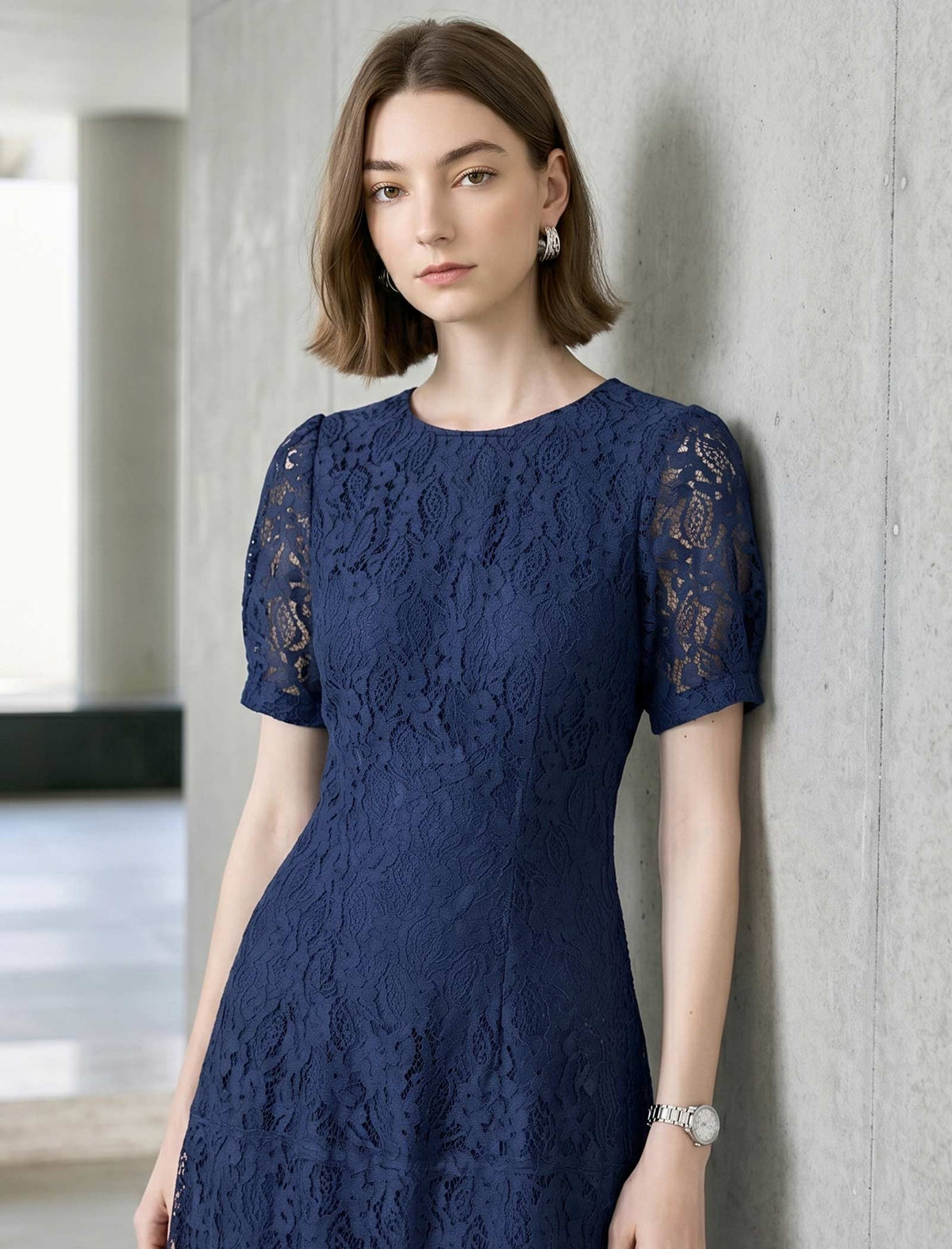 Light Blue Lace A-Line Midi Dress