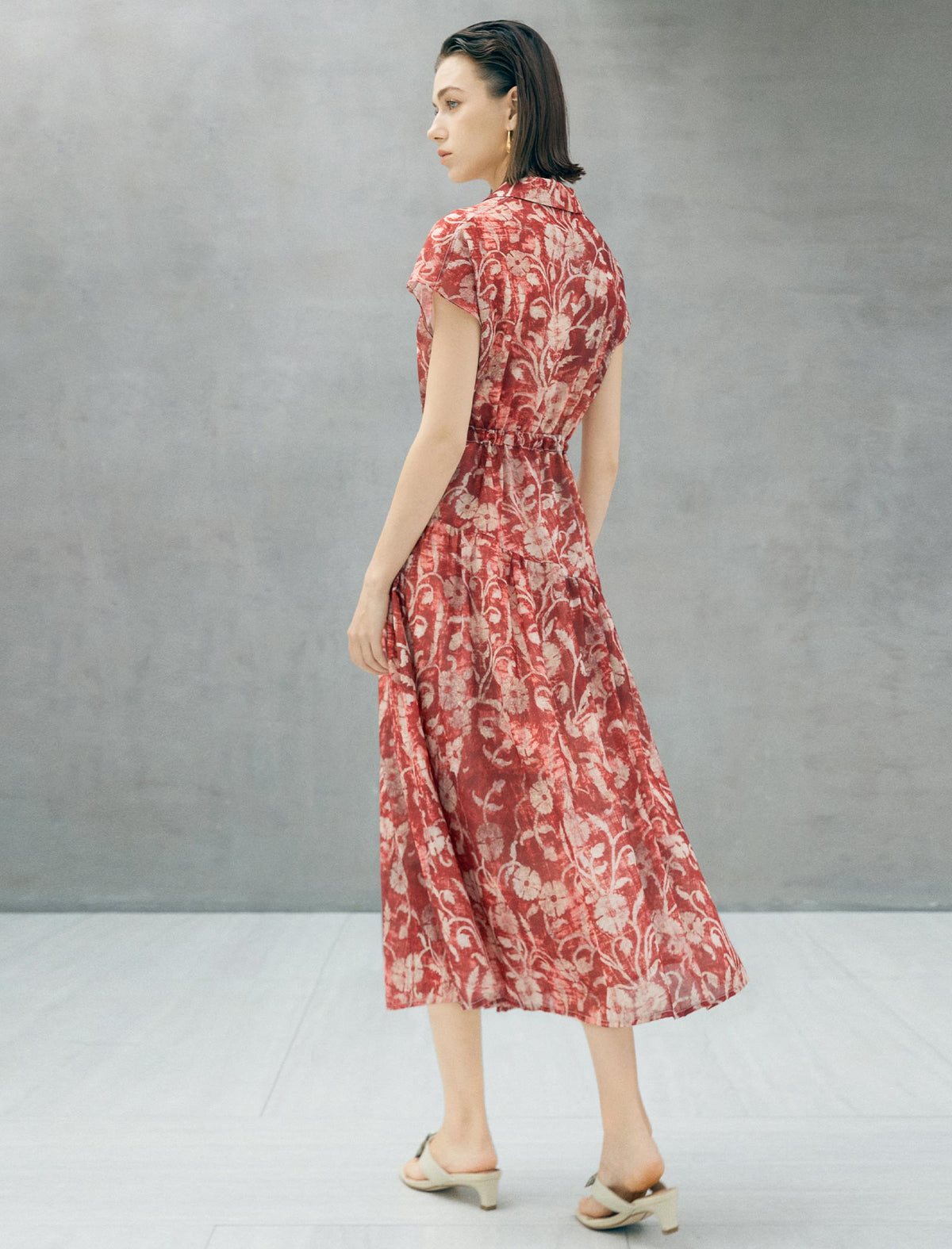 Rust Red Tie-Dye Floral Print Button-Down Midi Shirt Dress